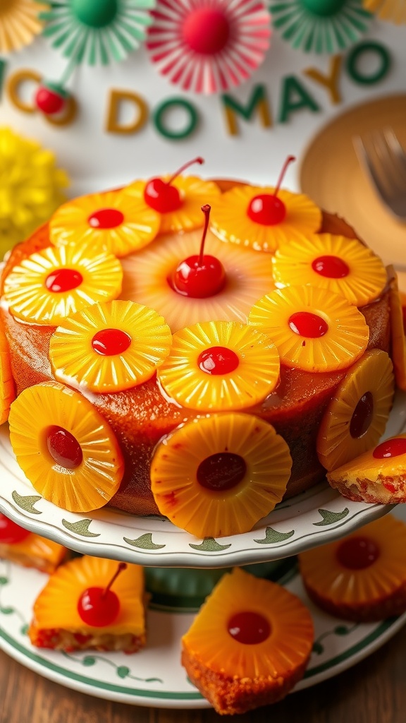 Pineapple upside-down cake topped with caramelized pineapple and cherries on a decorative stand.